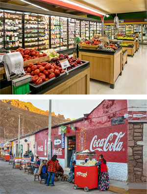 two images on of each other: grocery store in the US and a store with Coke in Peru