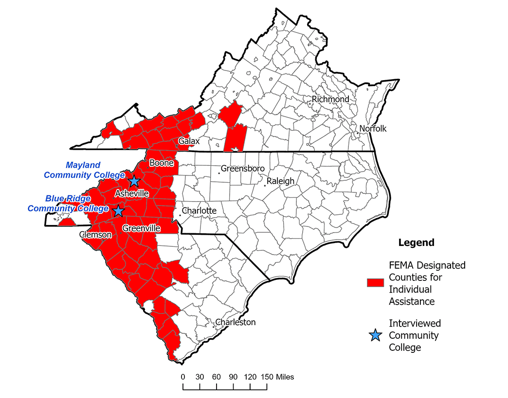 Map of the fifth district showing which counties were FEMA designated for individual assistance after Hurricane Helene. The location of the two North Carolina community colleges that were interviewed, Mayland Community College and Blue Ridge Community College, are noted with stars.