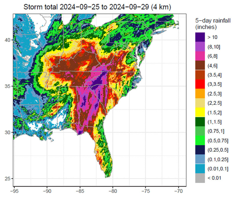 Radar map of the Eastern side of the United States showing the amount of 5-day rainfall in inches between September 25-29, 2024.