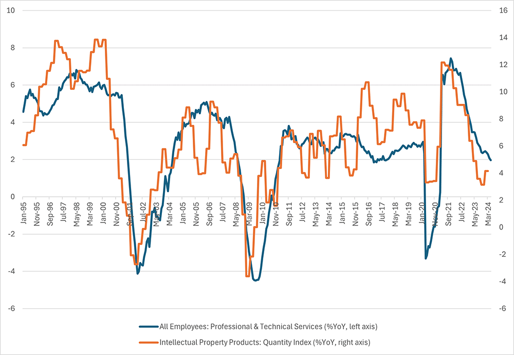Line graph comparing the employment growth of all professional and technical services to the growth of intellectual property products since January 1995.
