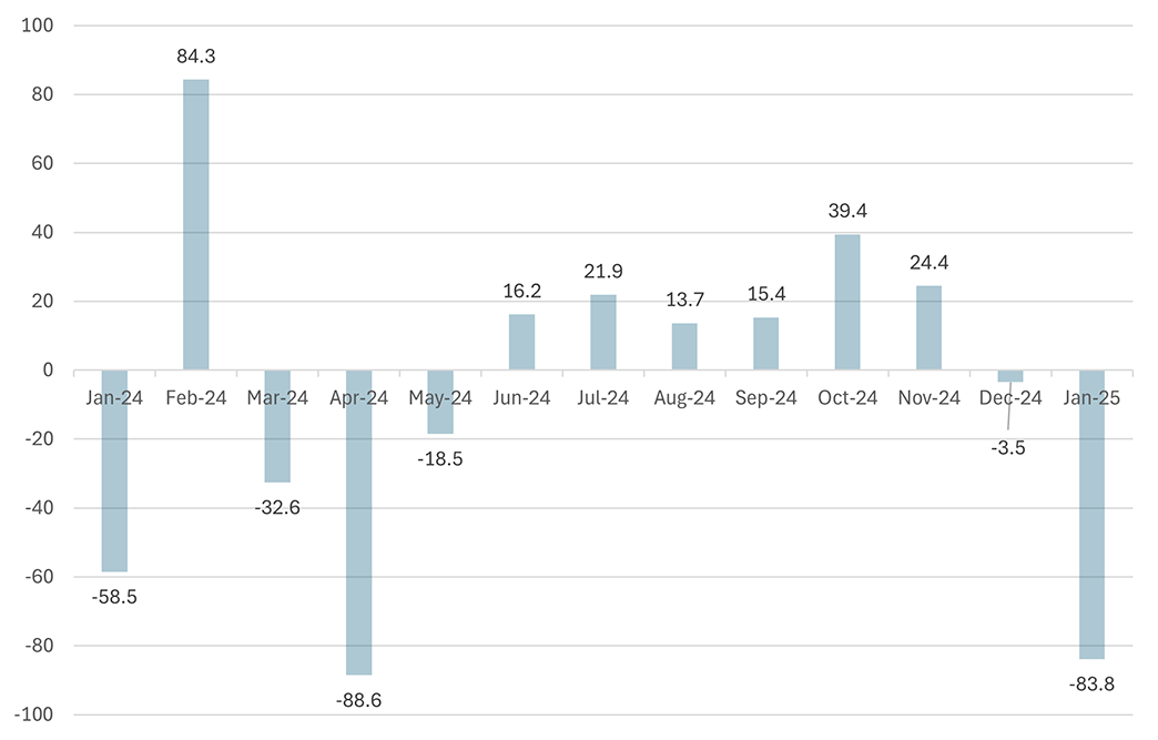 Bar chart showing the monthly change in the weather effect of change in nonfarm employment between January 2024 and 2025.