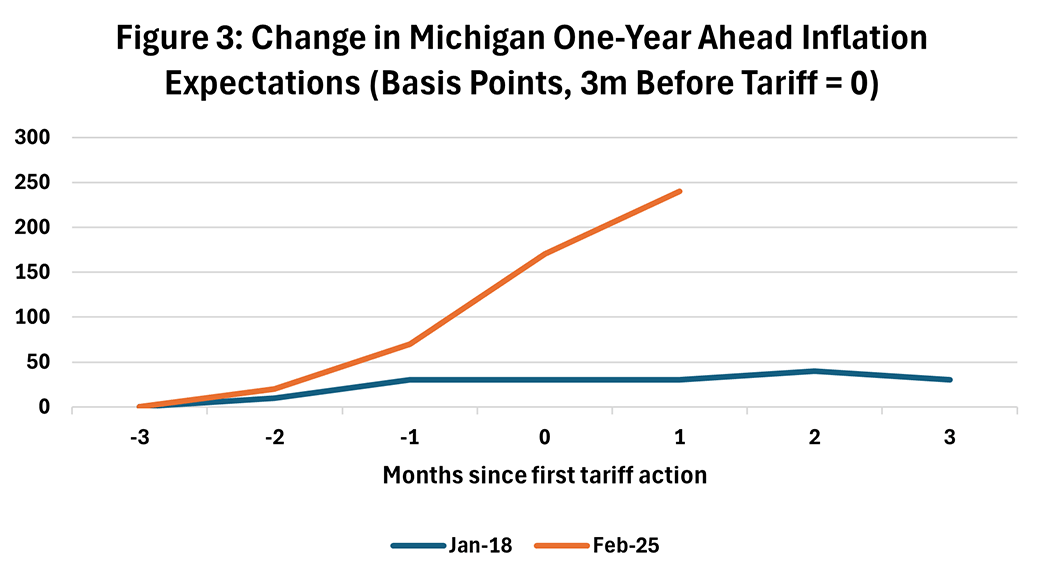 Line graph comparing the change in one-year inflation expectations in January 2018 to February 2025.