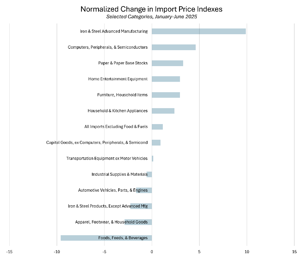 Bar chart showing the normalized change in the Import Price Index for various categories between January and June 2025.