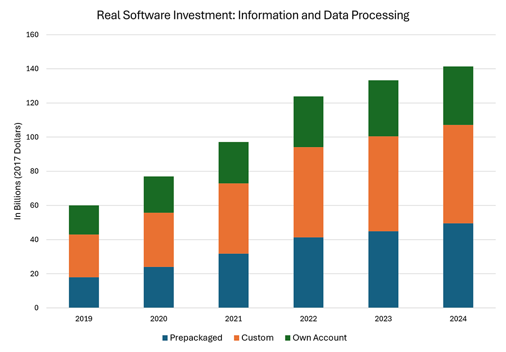 Bar chart comparing the amount of real software investment for information and data processing industries between 2019 and 2024.
