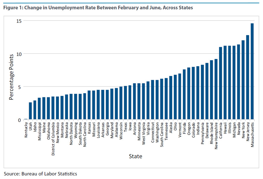 Figure 1: Change in Unemployment Rate Between February and June, Across States