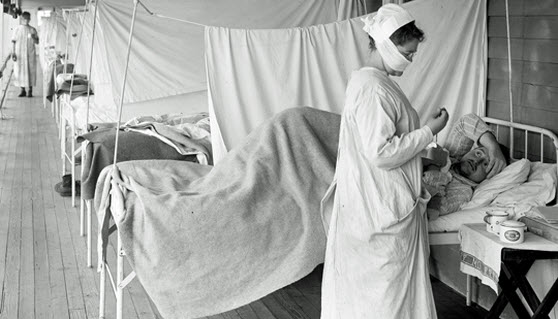 Makeshift hospital beds on porch of Walter Reed Medical Center