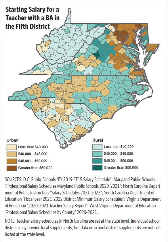 Color coded map showing the starting salary of teachers with a bachelors in the fifth district