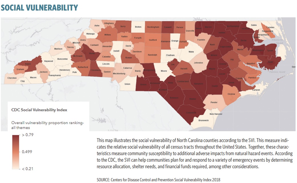 Color coded map of North Carolina comparing the social vulnerability of different counties