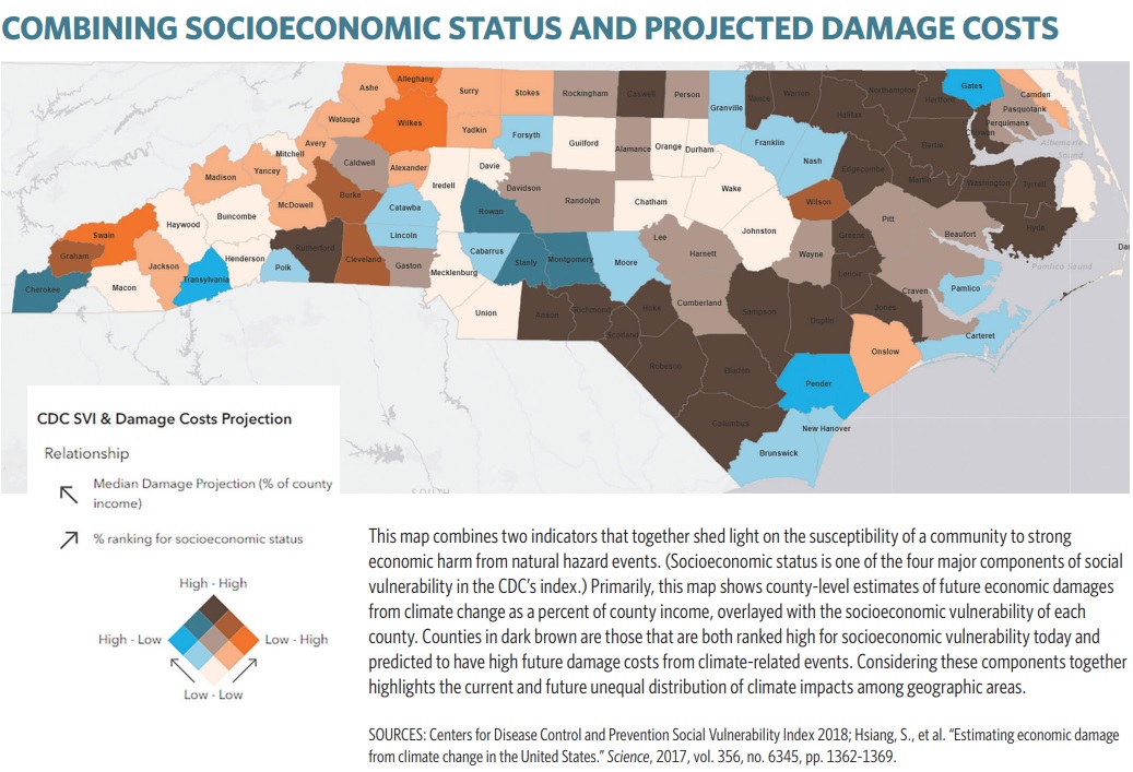 Color coded map of North Carolina showing the susceptibility of different counties to economic harm from natural hazard events