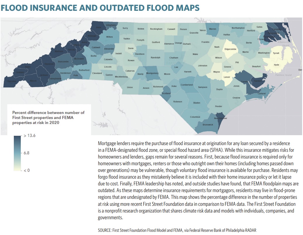 Color coded map of North Carolina shows the percentage difference in the number of properties at risk using more recent First Street Foundation data in comparison to FEMA data