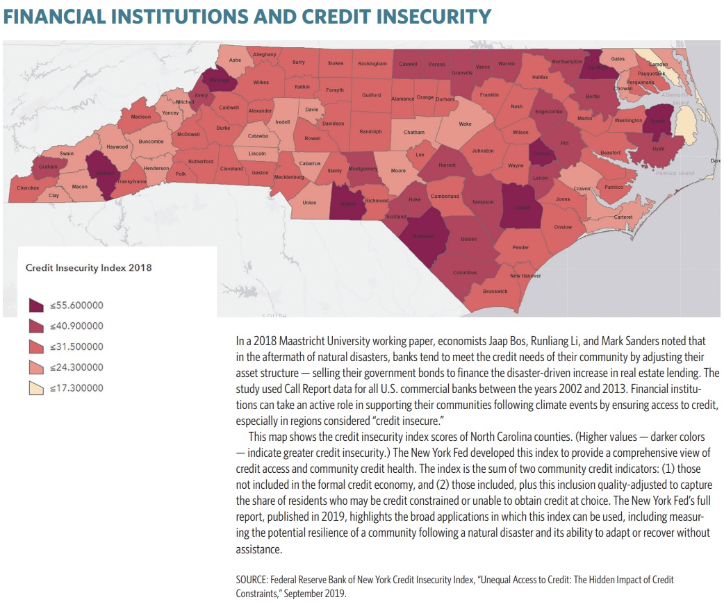 Color coded map shows the credit insecurity index scores of North Carolina counties