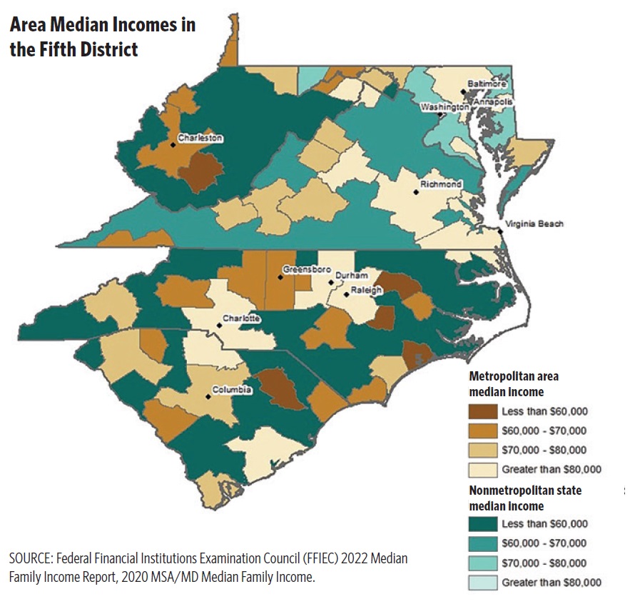 Color coded map of the Fifth District showing the median incomes for each area.