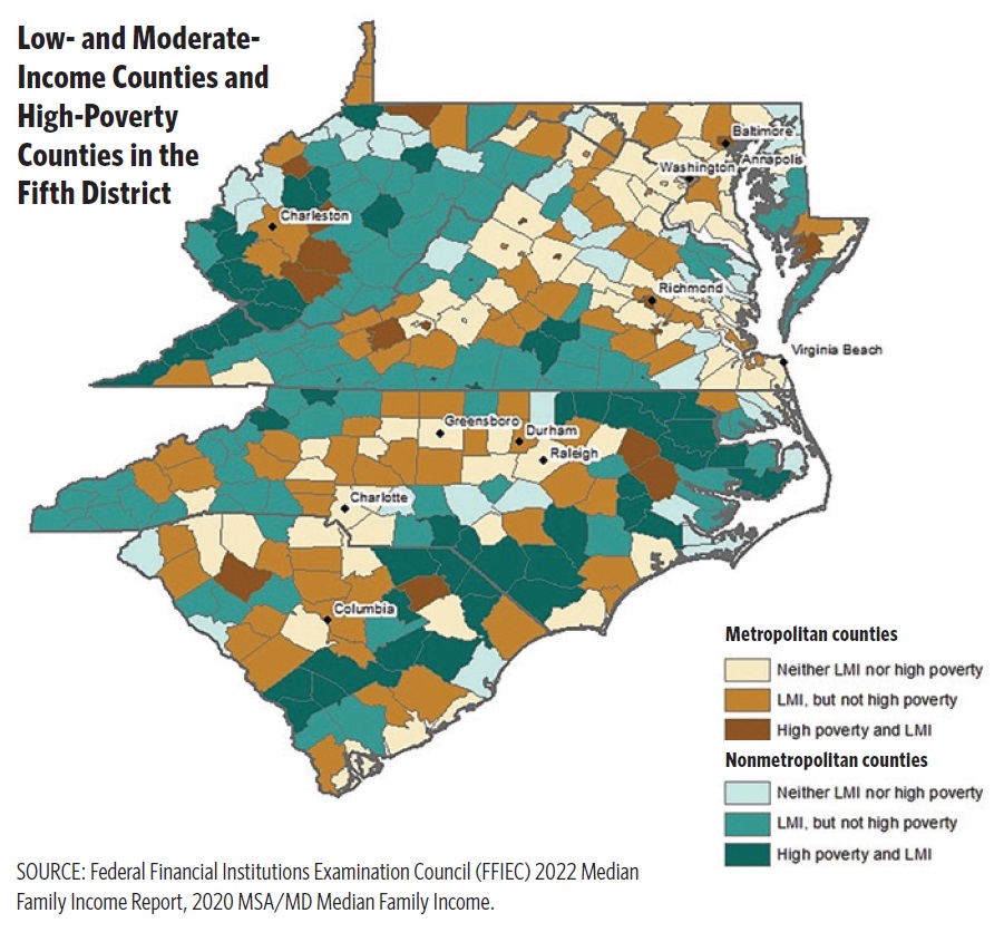 Color-coded map of the Fifth District showing low- and moderate- income counties and high-poverty counties.