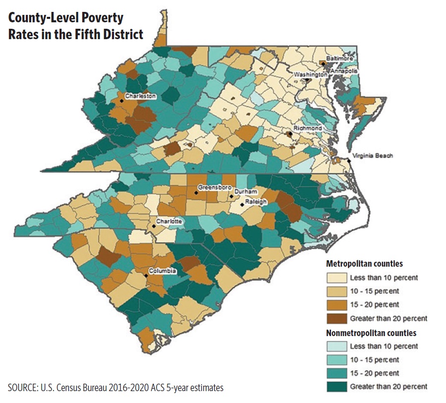 Color-coded map of the fifth district showing poverty rates by county.
