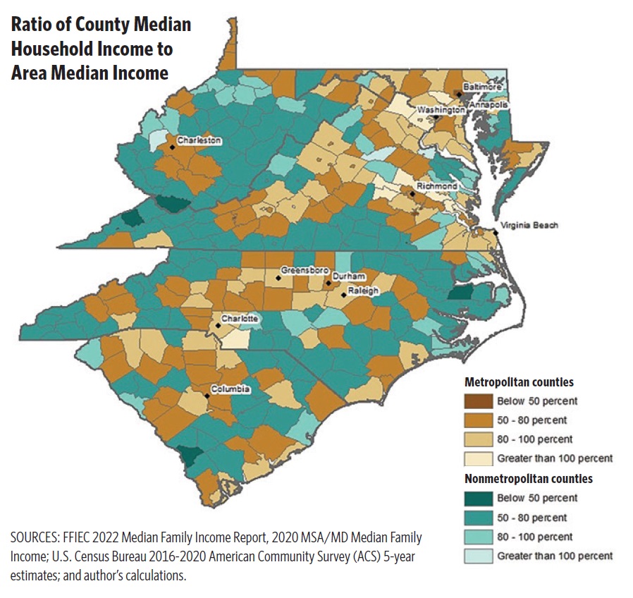 Color-coded map of the Fifth District showing the ratio of county median household income to area median income.