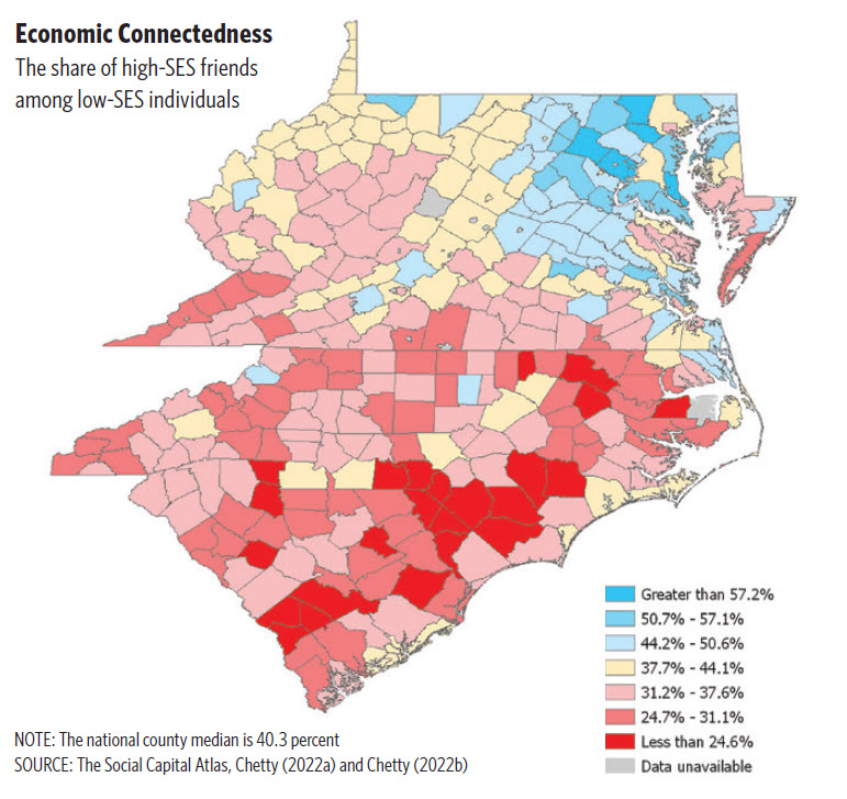 Color-coded map of the Fifth District showing the share of high SES friends among low-SES individuals.