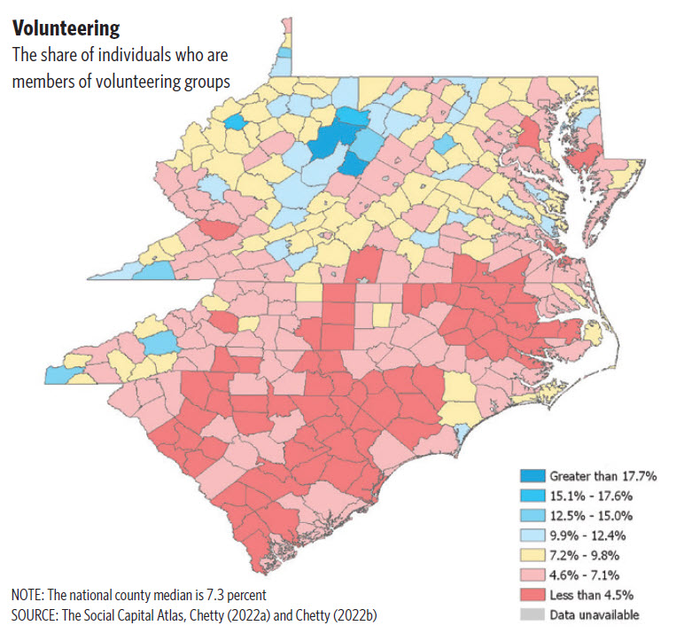 Color coded chart of the Fifth District showing the share of individuals who are members of volunteering groups.