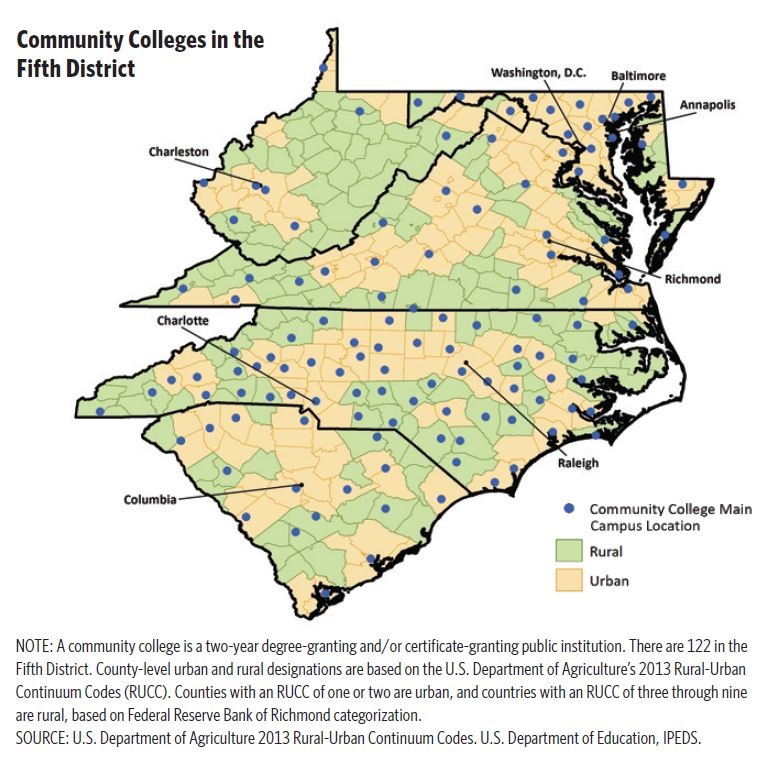 Map of Fifth District showing the location of Community College main campuses.