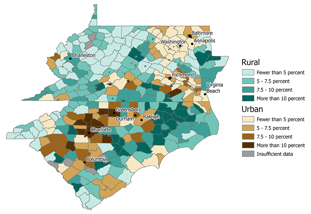 Map of the Fifth District showing the percent of single-family homes owned by investors for each county. The counties are marked by color to show whether they are rural or urban.