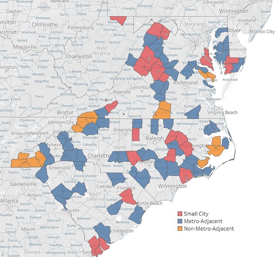 Color coded map of the Fifth District showing which rural counties are small cities, metro-adjacent, or non-metro-adjacent.