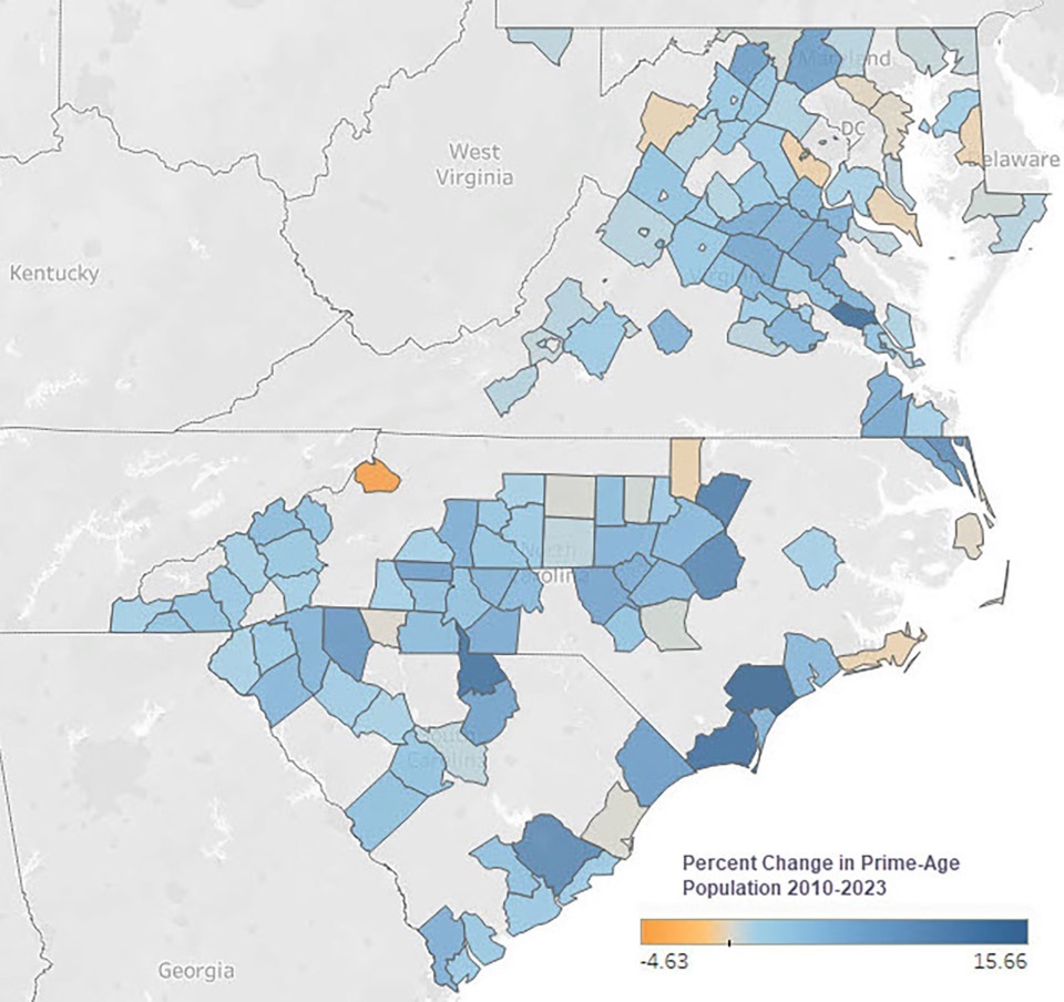 Color coded map of the Fifth District counties showing the percent change of growth in prime-age population between 2010 and 2023.