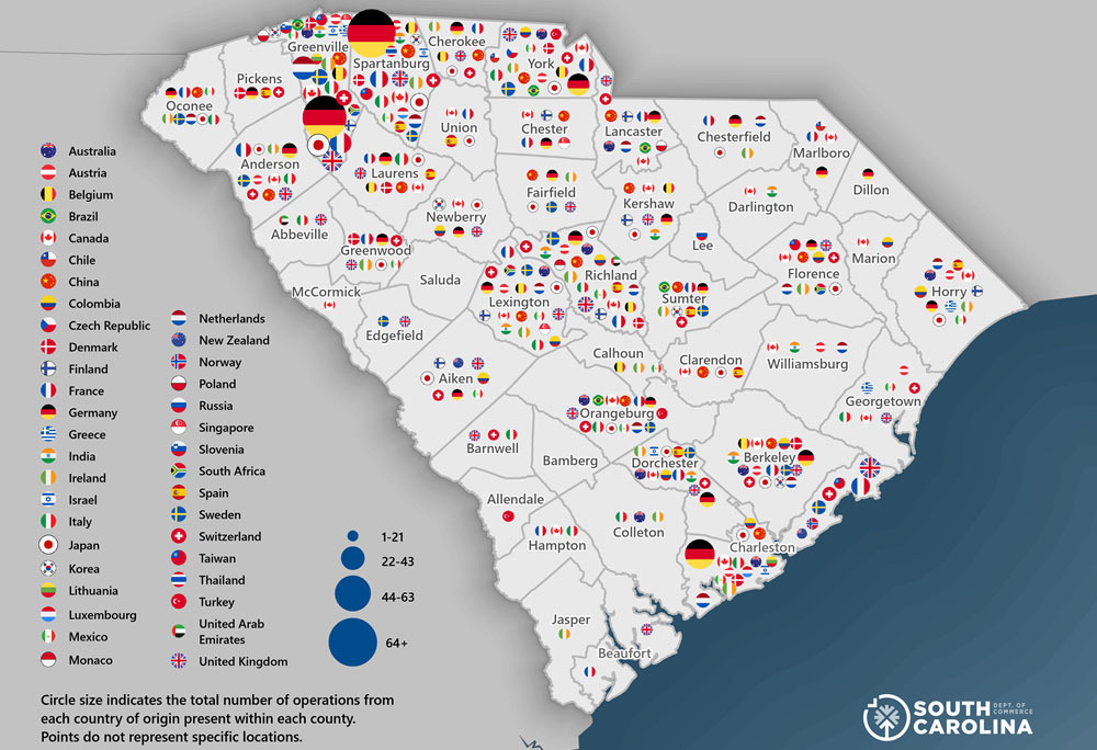 Map of South Carolina showing which countries operate within each county using circles with flags. Circle size indicates the total number of operations from each country of origin present within each county.
