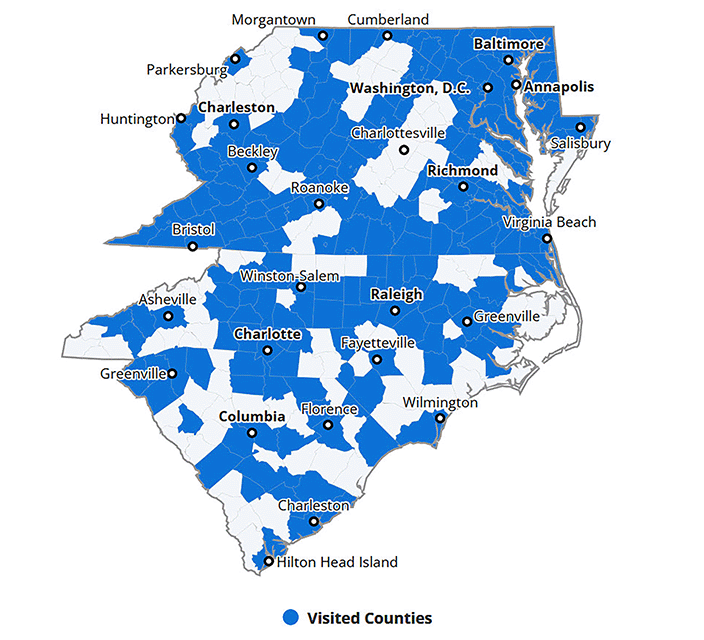Map of Fifth District states showing counties that have been visited by Tom Barkin.