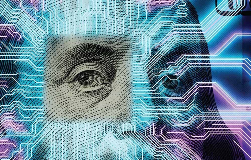 Illustration of a close up on a hundred-dollar bill with an overlay of a computer processer.