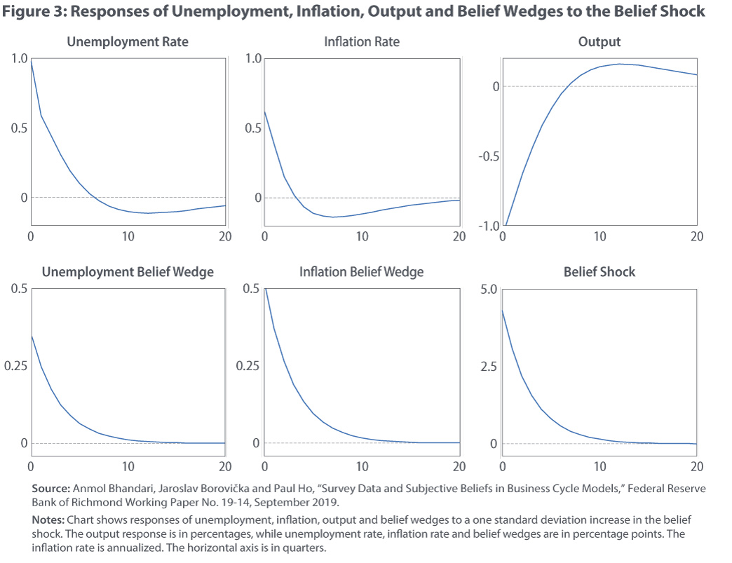 Figure 3: Responses of Unemployment, Inflation, Output and Belief Wedges to the Belief Shock