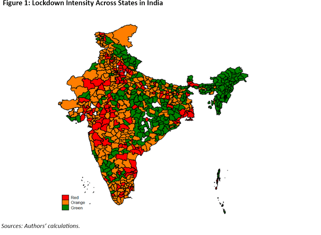 A colored map showing the intensity of lockdowns across states in India