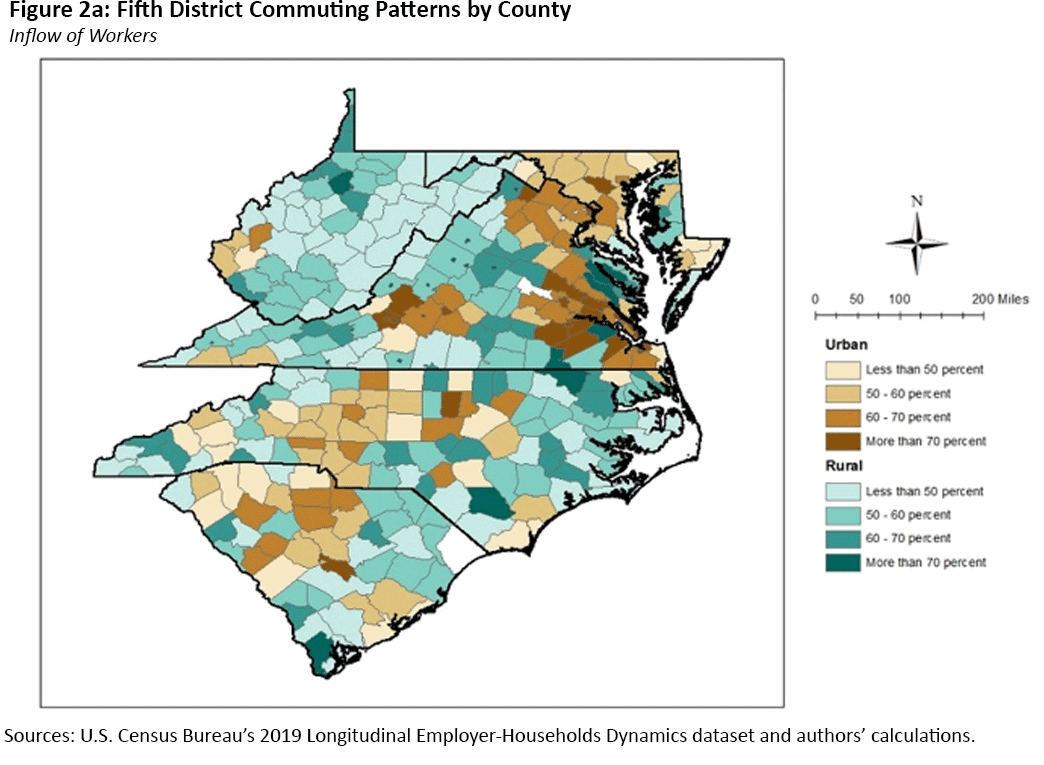 Color coded map showing commuting patterns by county in the Fifth District, also based on the inflow of workers