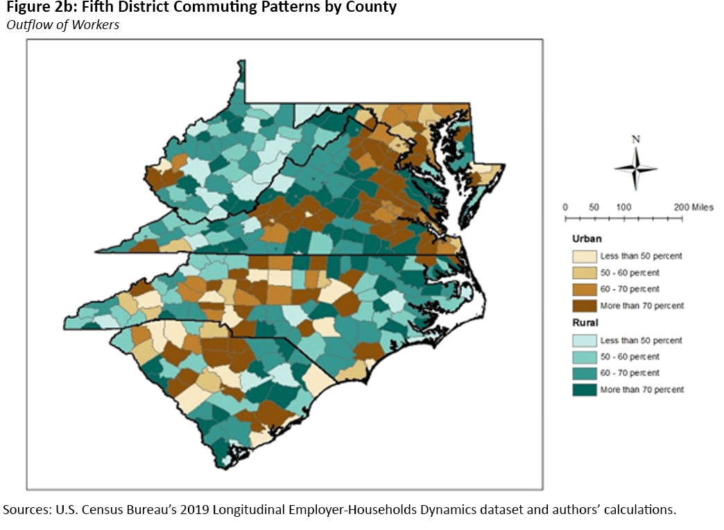 Color coded map showing commuting patterns by county in the Fifth District, also based on the outflow of workers