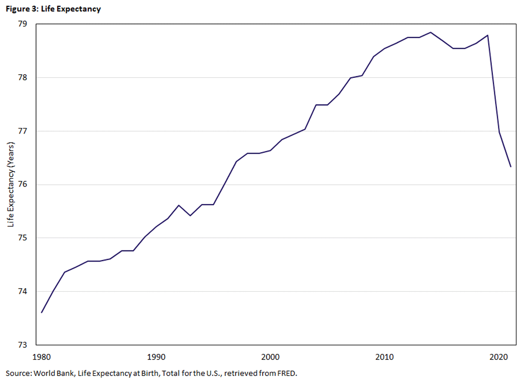 Figure 3, line graph showing average life expectancy in the U.S. since 1980.