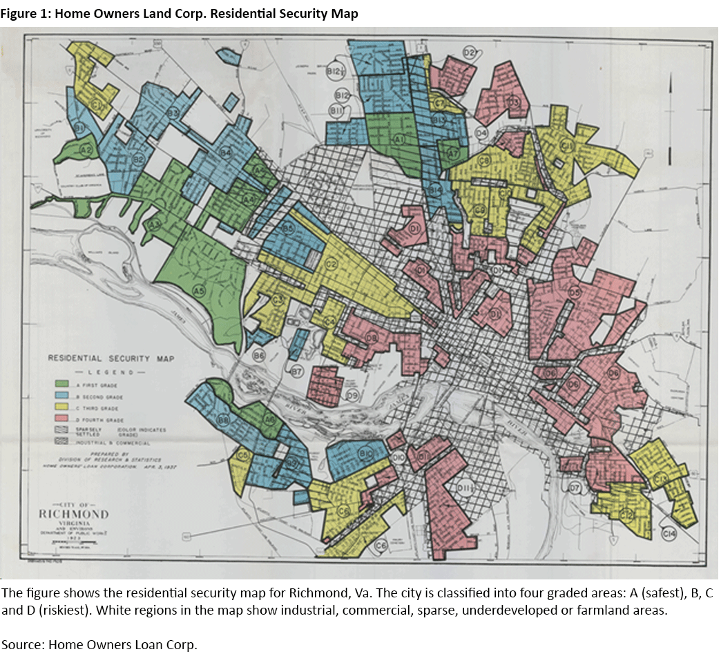 Figure 1, color-coded residential security map for Richmond, Virginia. The city is classified into four graded areas: A as the safest, B, C, and D as the riskiest. White regions in the map show industrial, commercial, sparse, underdeveloped or farmland areas.