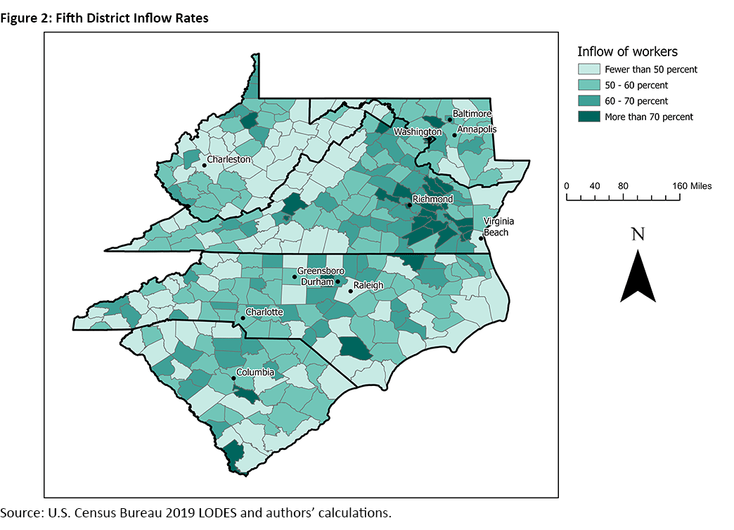Figure 2, color-coded map of the Fifth District showing the percent of inflow workers for each county.