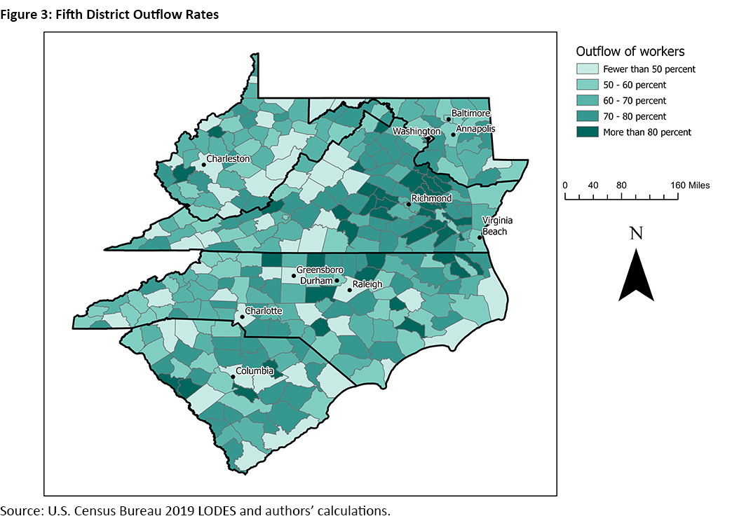 Figure 3, color-coded map of the Fifth District showing the percent of outflow workers for each county.