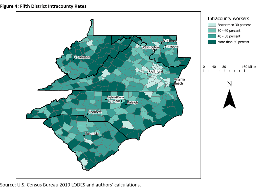 Figure 4, color-coded map of the Fifth District showing the percent of intracounty workers for each county.