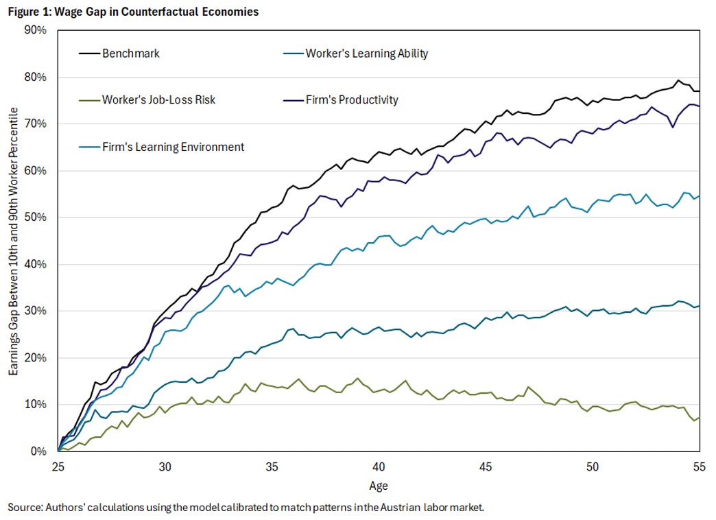 Figure 1, line graph showing the wage gap in counterfactual economies from ages 25 to 55. There are 5 lines being compared: benchmark, worker&quot;s job-loss risk, firm&quot;s learning environment, worker&quot;s learning ability, and firm&quot;s productivity.