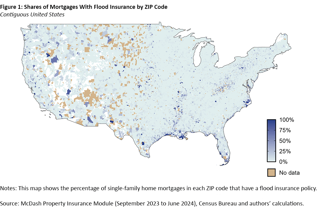 Figure 1, map of the United States showing the percentage of single-family home mortgages in each ZIP code that have a flood insurance policy.