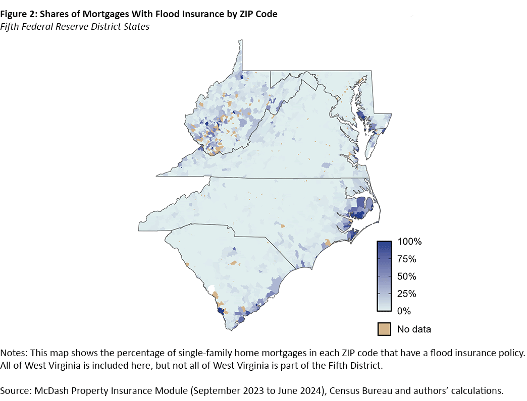 Figure 2, map of the Fifth District showing the percentage of single-family home mortgages in each ZIP code that have a flood insurance policy. All of West Virginia is included here, but not all of West Virginia is part of the Fifth District.