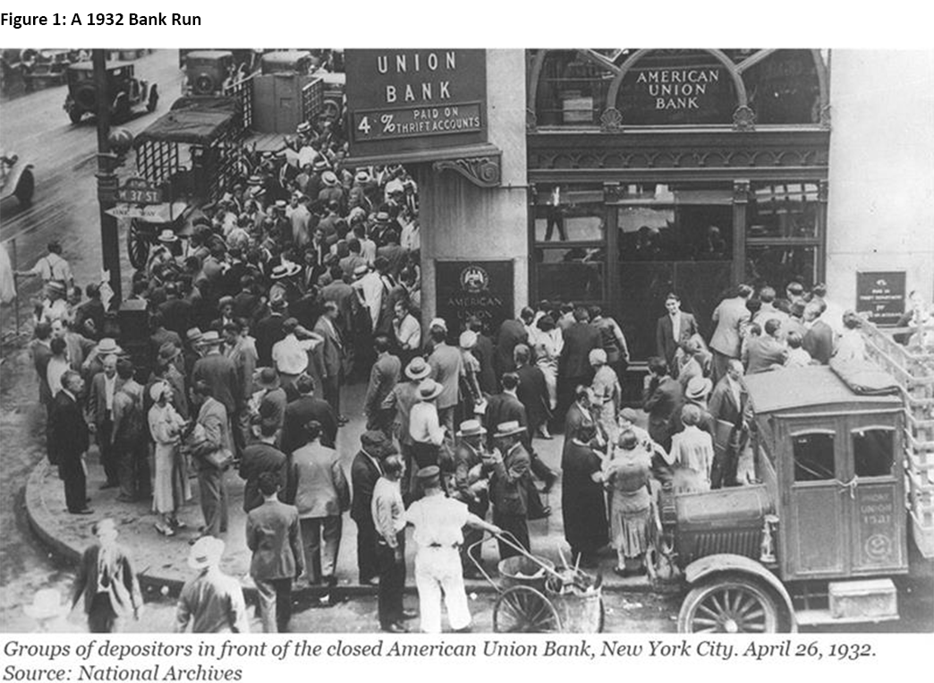 Figure 1, groups of depositors in front of the closed American Union Bank, New York City during a bank run in 1932.