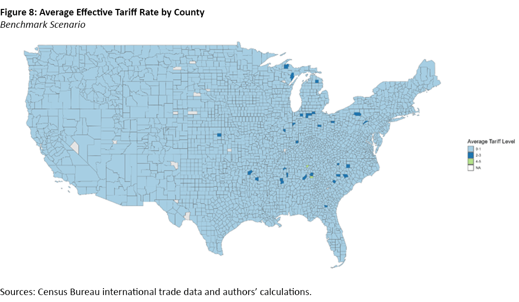 Figure 8, map of the United States showing the average effective tariff rate by county.