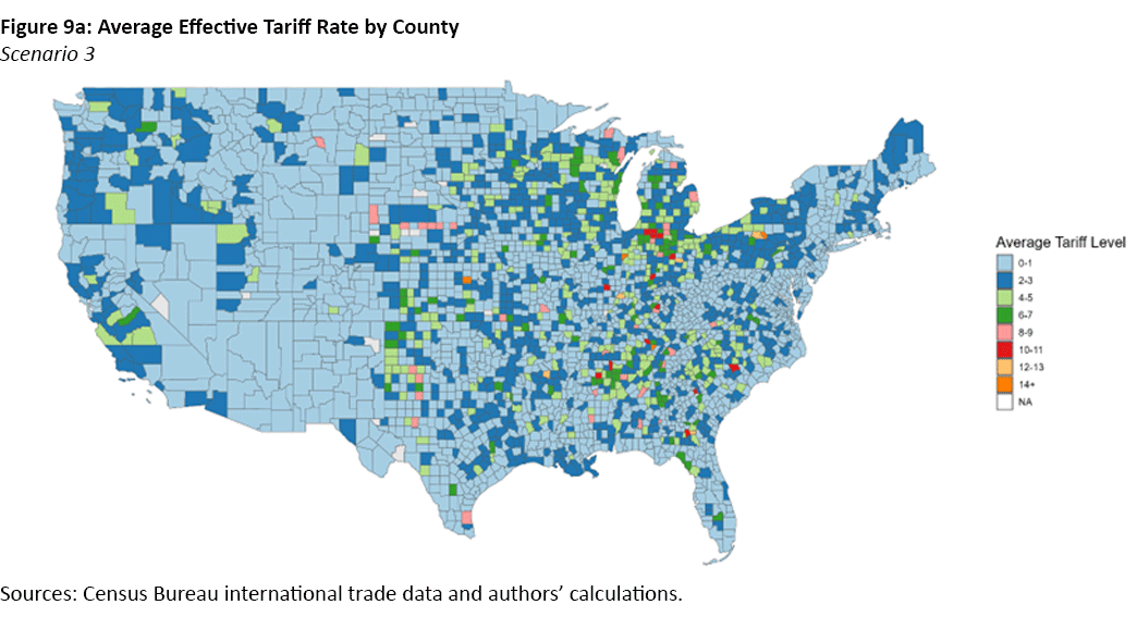 Figure 9a, map of the United States showing the average effective tariff rate by county.