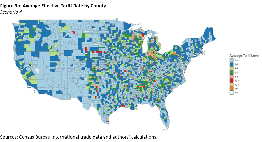 Figure 9b, map of the United States showing the average effective tariff rate by county.