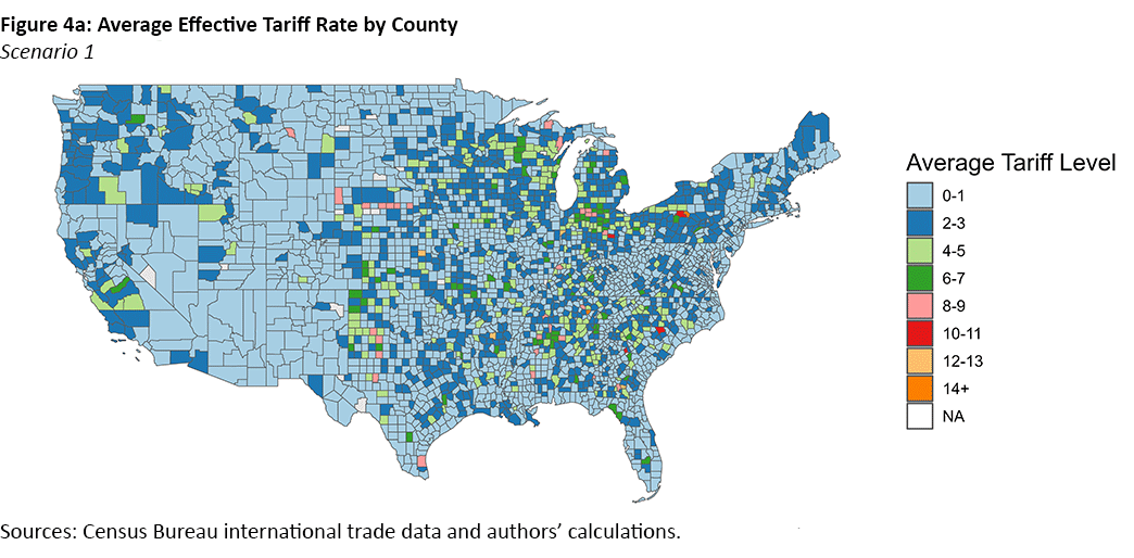 Figure 4a, color-coded map of the United States showing the average effective tariff rate by county in scenario 1.