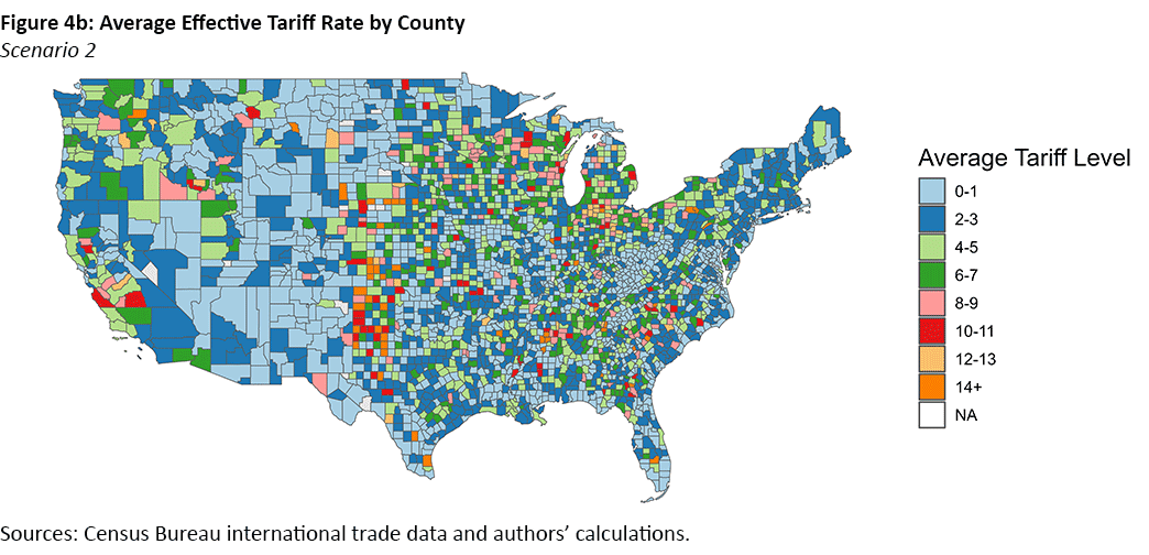 Figure 4b, color-coded map of the United States showing the average effective tariff rate by county in scenario 2.
