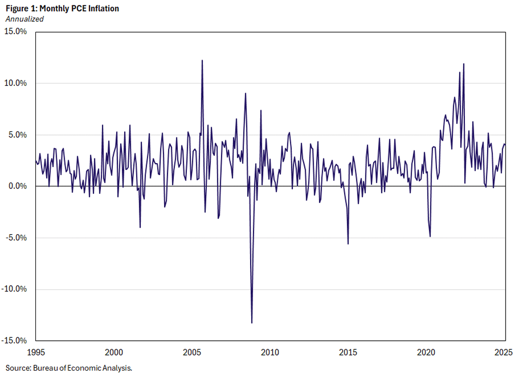 Figure 1, line graph showing annualized monthly PCE inflation since 1995.