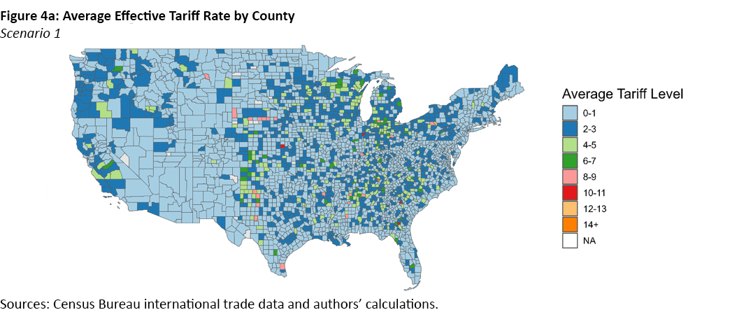 Figure 4a, color-coded map of the United States showing the average effective tariff rate by county in scenario 1.