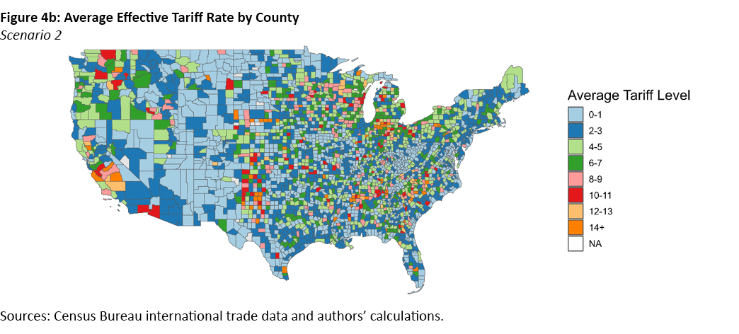 Figure 4b, color-coded map of the United States showing the average effective tariff rate by county in scenario 2.