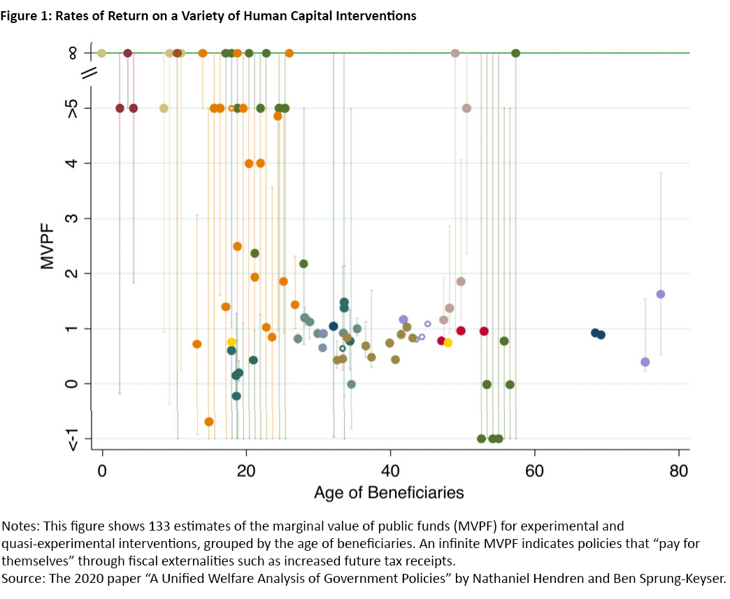 Figure 1, scatter plot showing rates of return for ages 0 to 80 on a variety of human capital interventions.